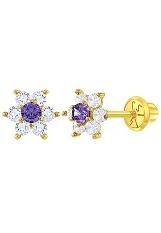 lovely gold pink cubic zirconia flower February birthstone baby earrings